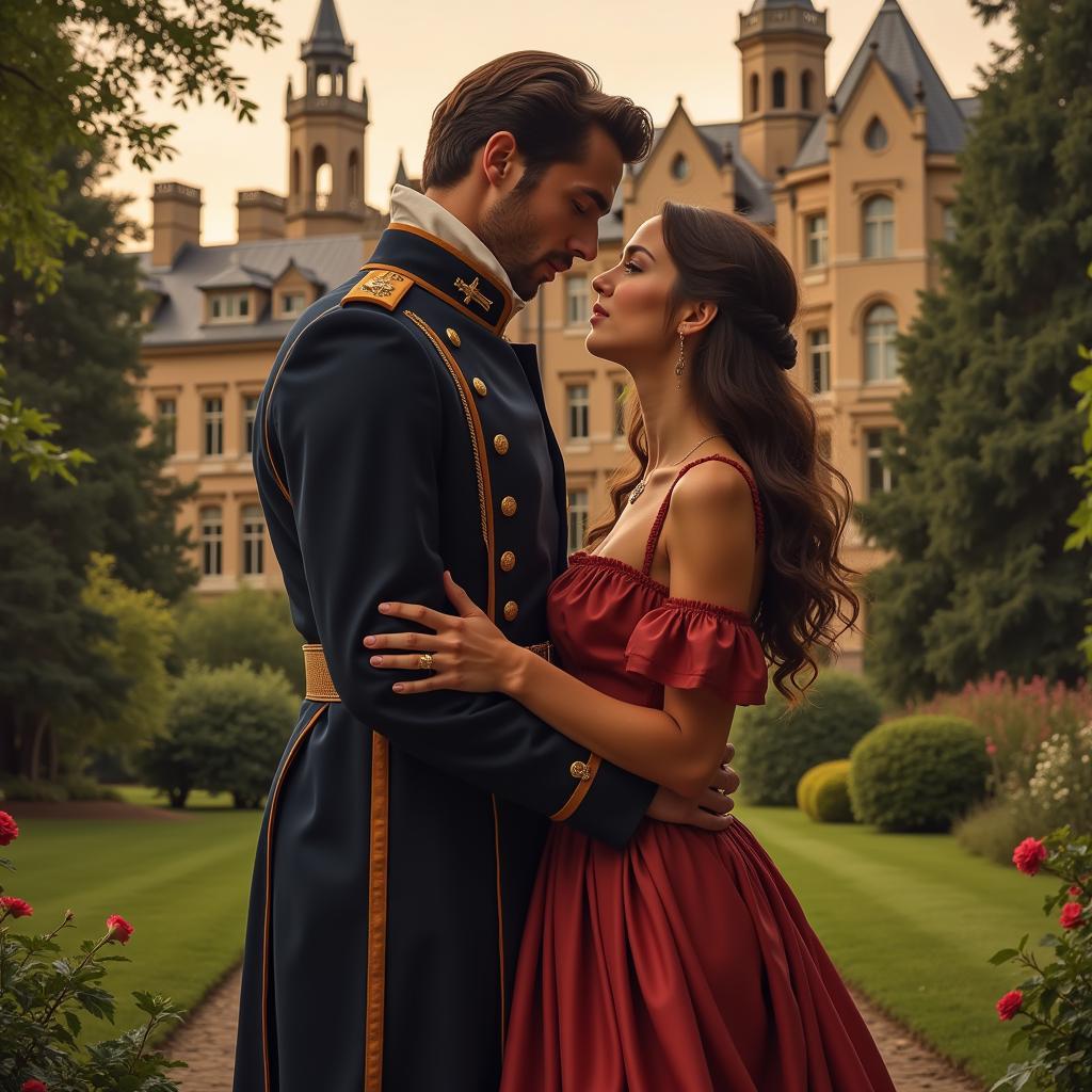 Couple embracing in a historical setting