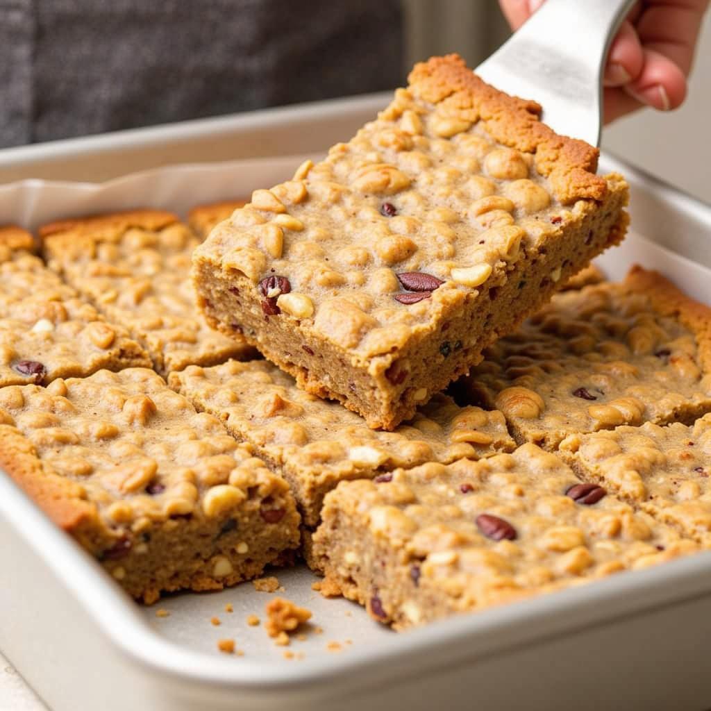 Homemade Dairy-Free Breakfast Bars Being Cut into Squares