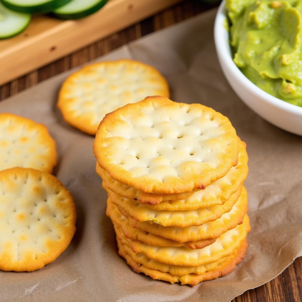 Homemade Seed Oil Free Crackers: A close-up shot of golden-brown, crispy seed oil free crackers, arranged on a wooden board with various toppings.