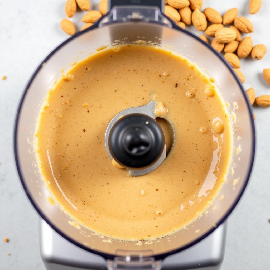 Homemade soy free peanut butter in a food processor.