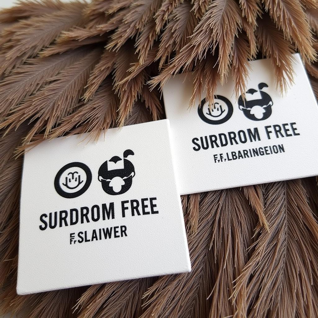 Labels and certifications indicating cruelty-free feathers.