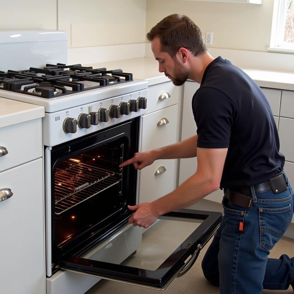 Professional installing a free standing gas stove