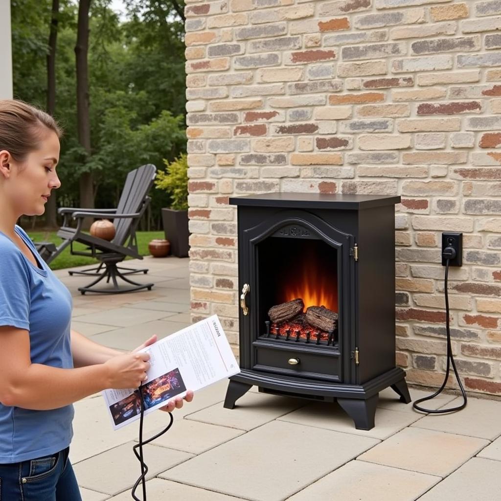 A person installing a free-standing outdoor electric fireplace on a patio.