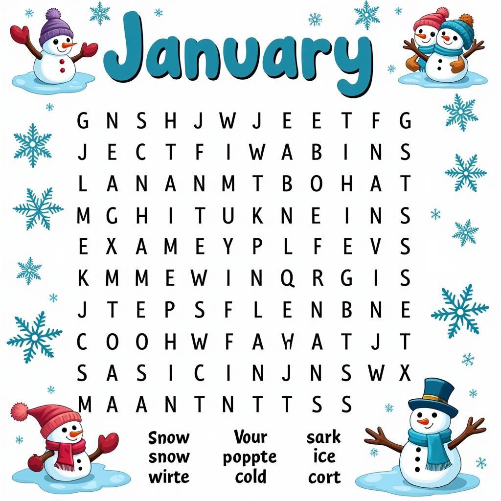 January Word Search Printable for Kids