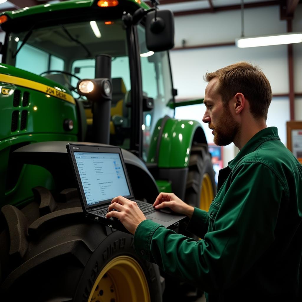 John Deere Technician Diagnosing Tractor