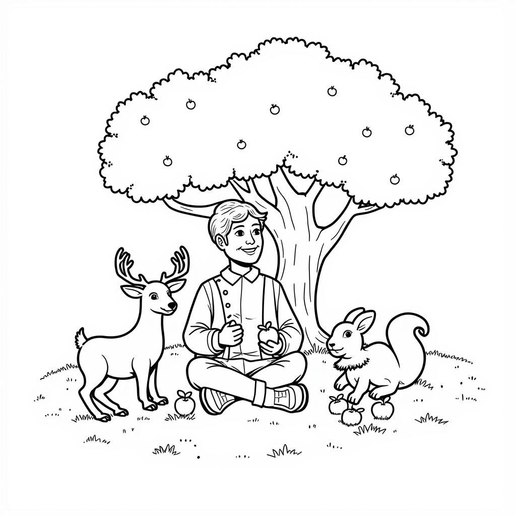 Johnny Appleseed with Forest Animals Coloring Sheet