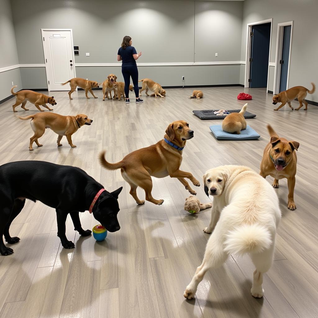 Dogs playing in a kennel-free environment