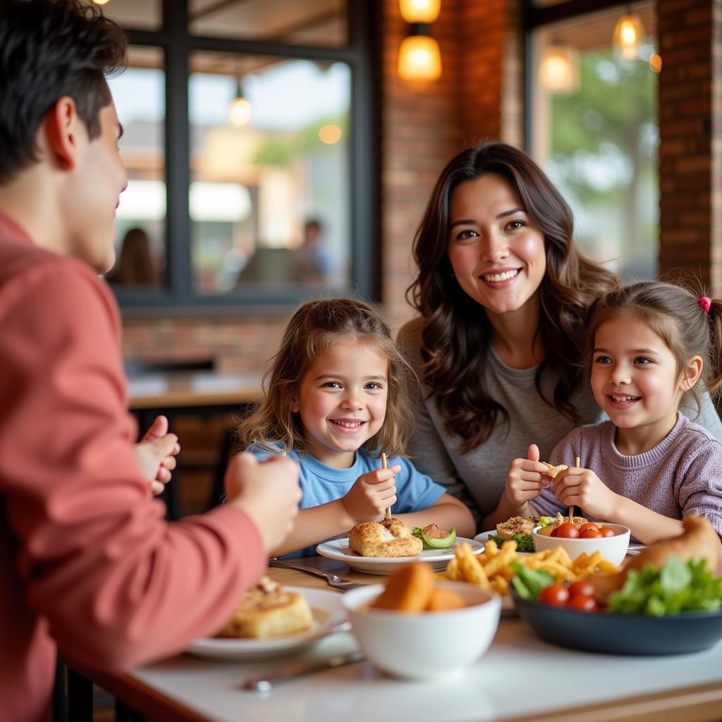 A family enjoys a meal at a restaurant with kids eat free promotion.