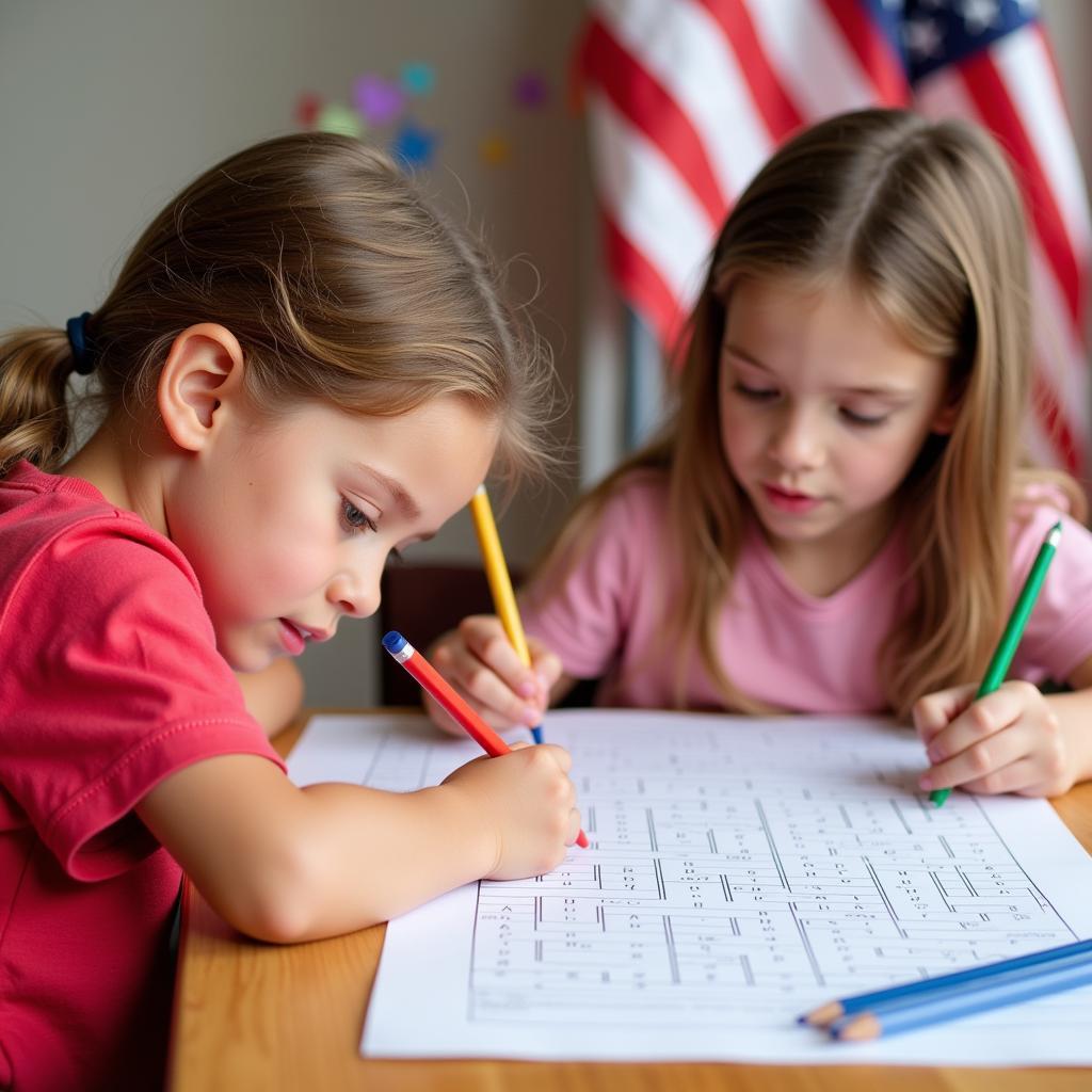 Children engaging with a 4th of July crossword puzzle.