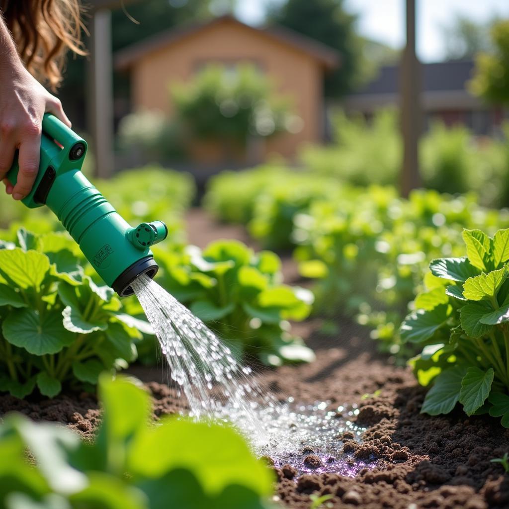 Watering a garden with a lead-free water hose