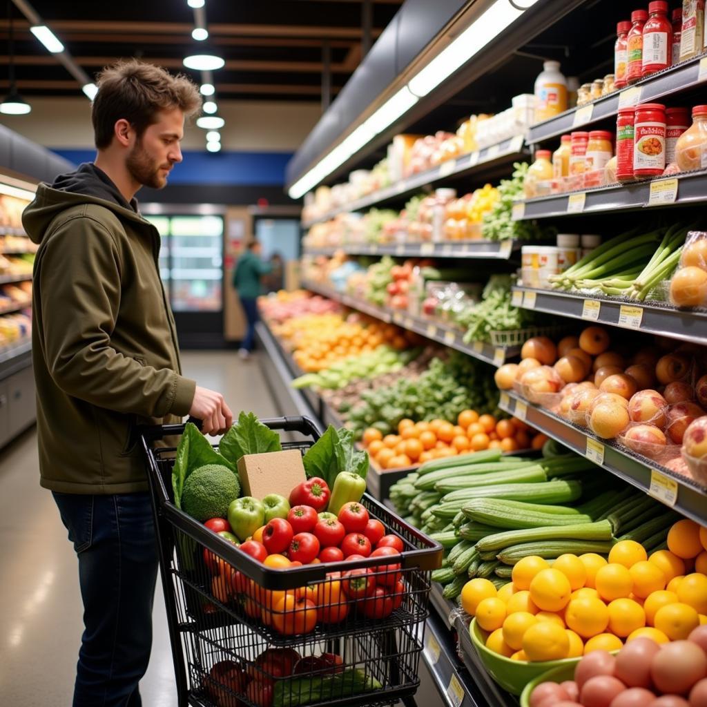 Lectin-Free Grocery Shopping: A picture depicting a person shopping for lectin-free groceries, with a focus on fresh produce, lean proteins, and healthy fats.  The shopping cart is filled with colorful vegetables, fruits, and other permitted items.