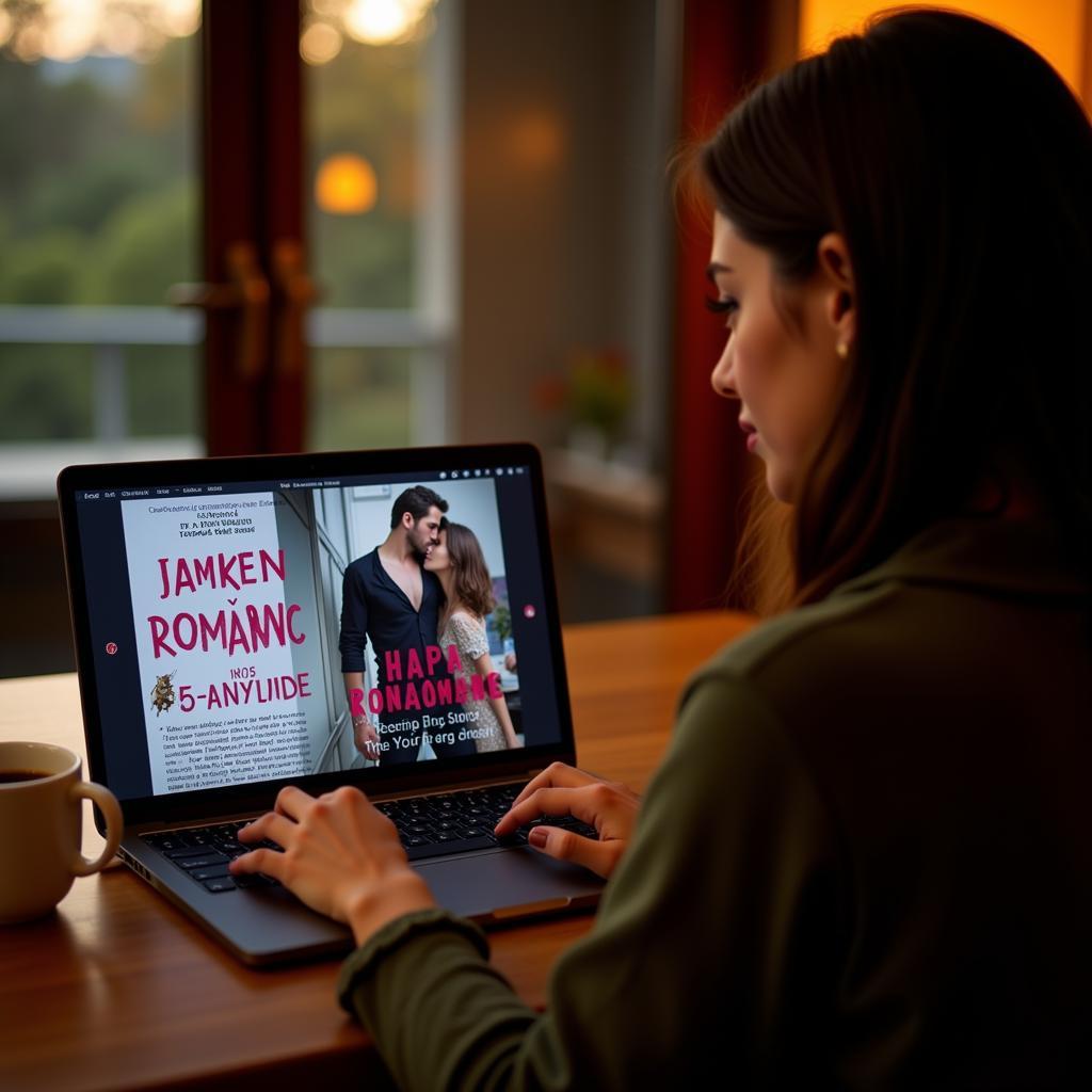 A woman reading mafia romance on her laptop