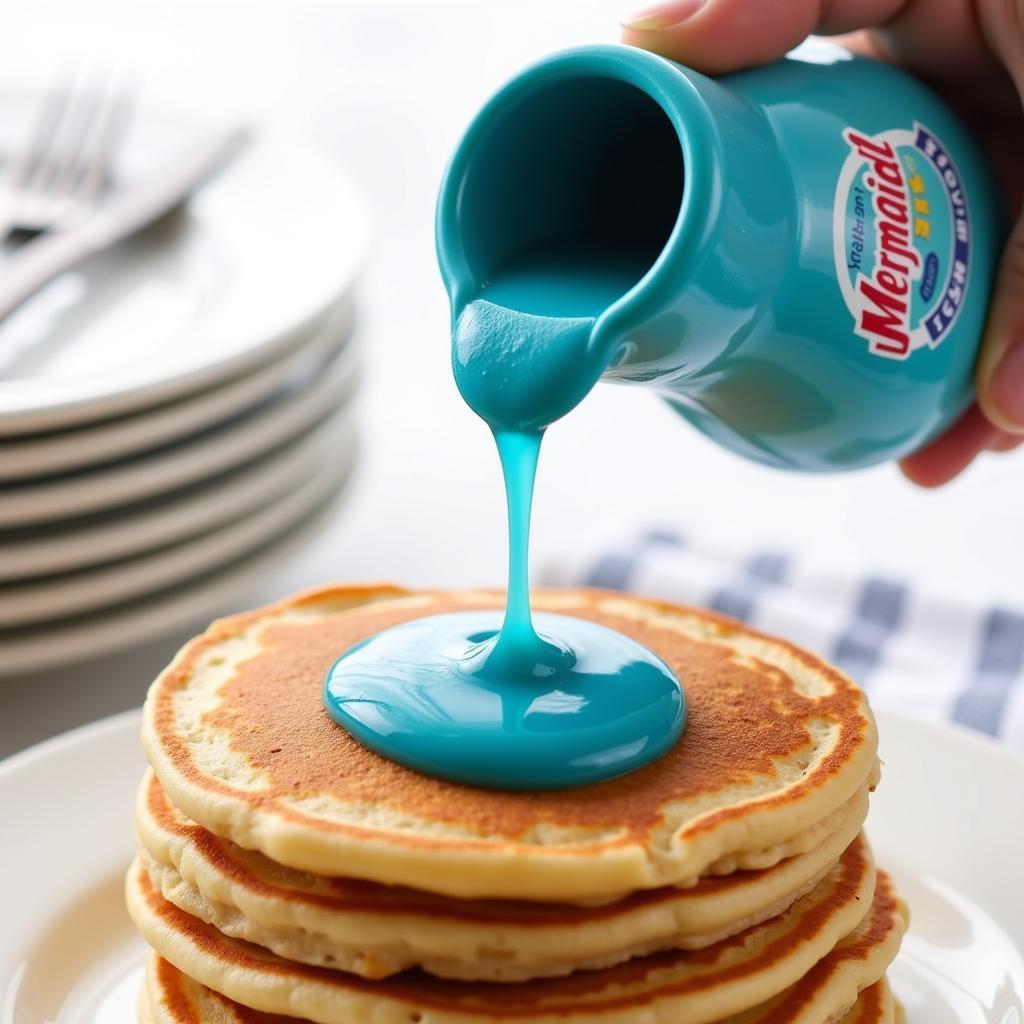 Pouring Mermaid Sugar-Free Syrup on Pancakes