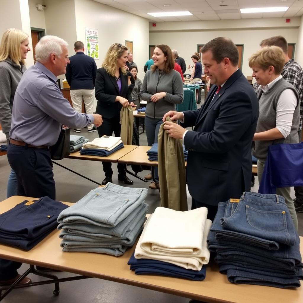 Military Surplus Program Donation: Veterans receiving donated clothing, including trousers, at a local community center.