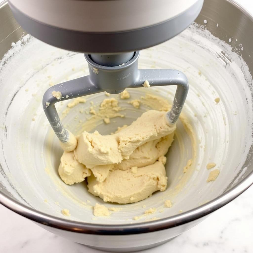 A person mixing gluten-free koulourakia dough in a stand mixer.