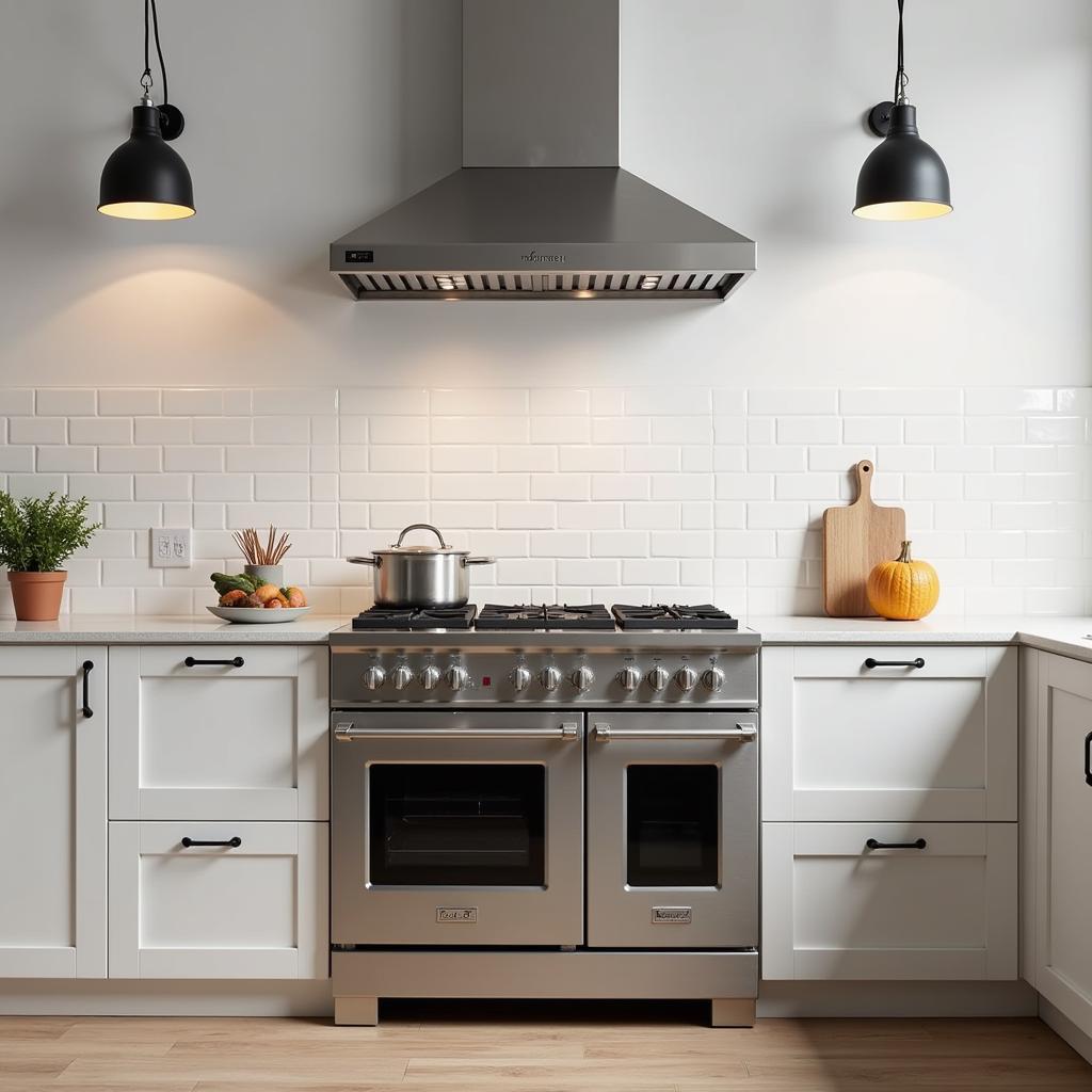 Modern kitchen featuring a 30-inch free-standing gas range as the centerpiece