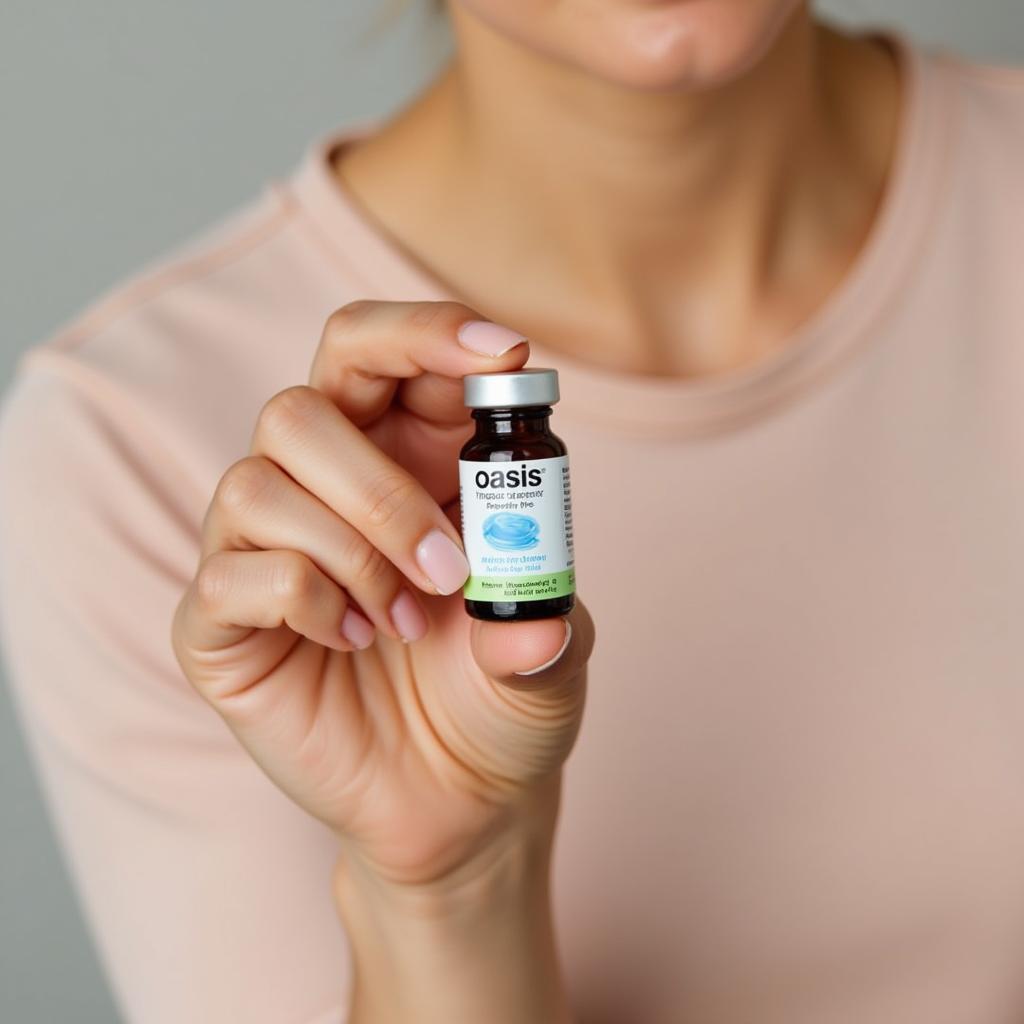 Woman holding a single-use vial of Oasis Preservative Free Tears