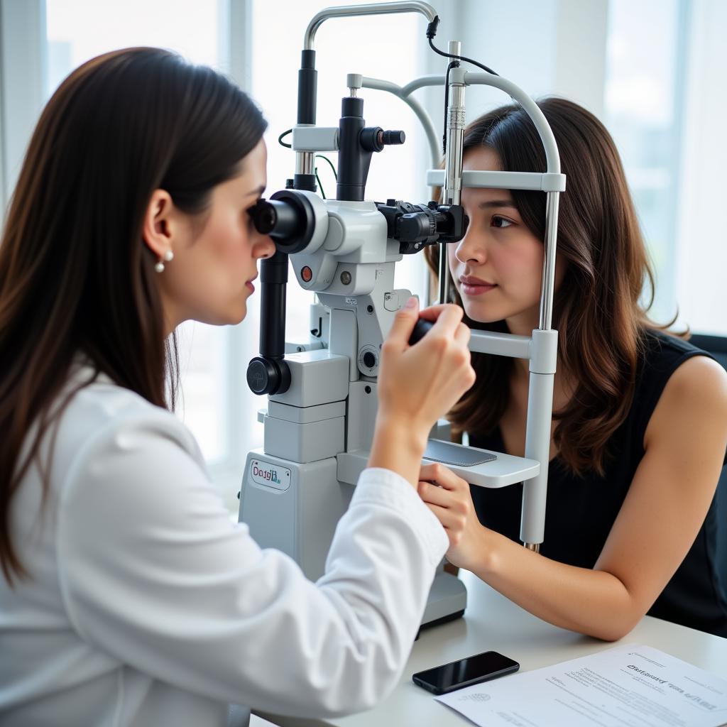 An ophthalmologist examines a patient's eyes.