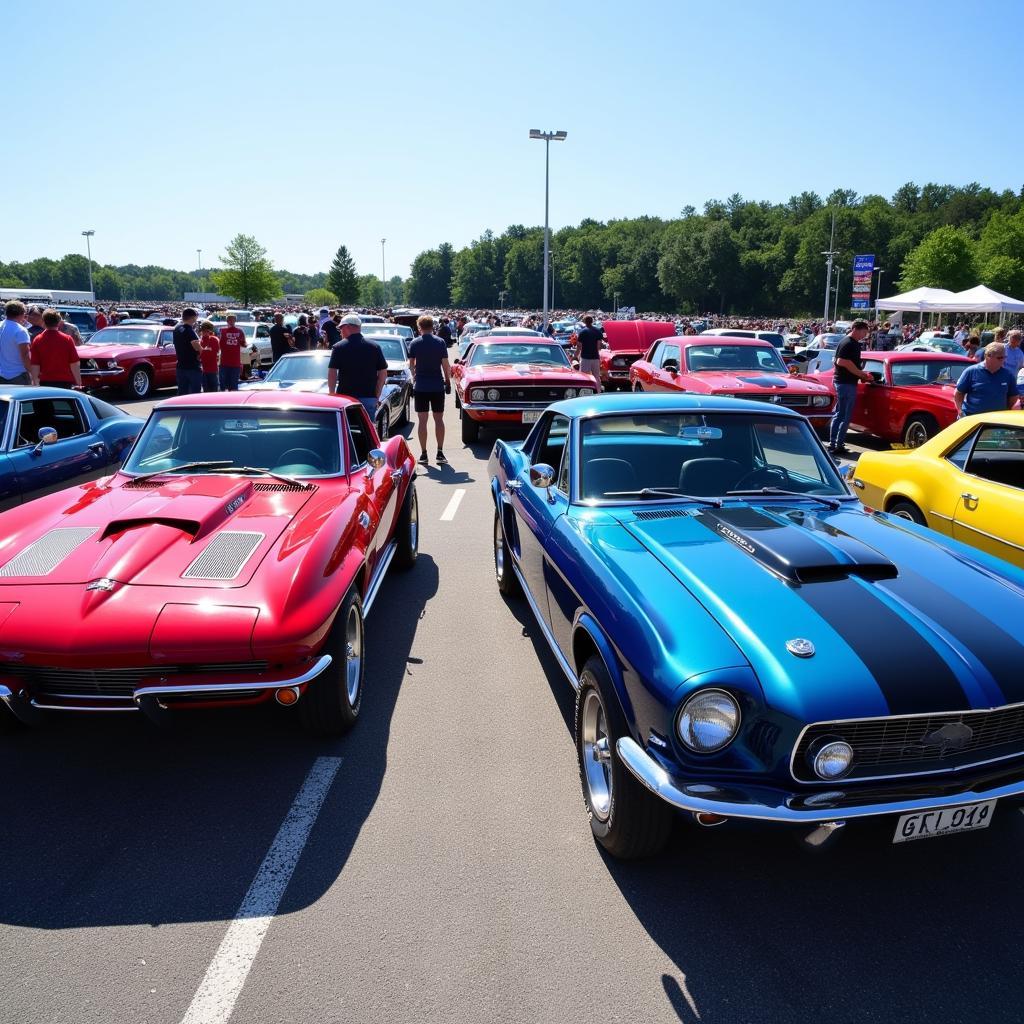 Classic cars lined up at a free car show in Orange County