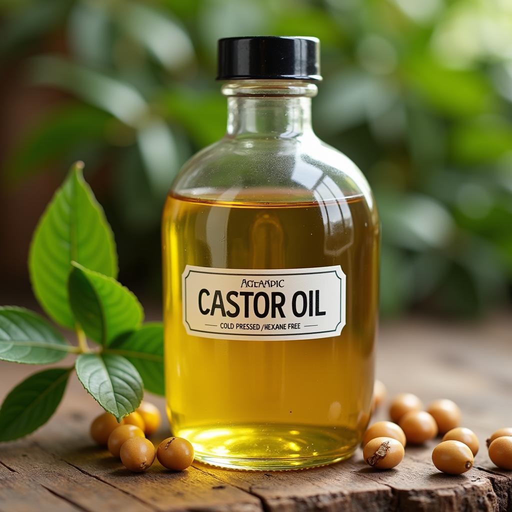 Organic Castor Oil Cold Pressed Hexane Free in a Clear Glass Bottle