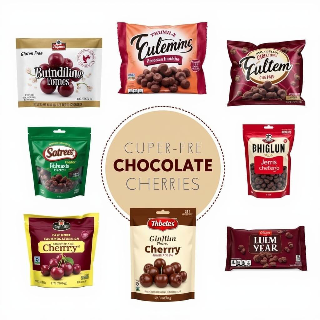 Various packages of commercially available gluten-free chocolate covered cherries.