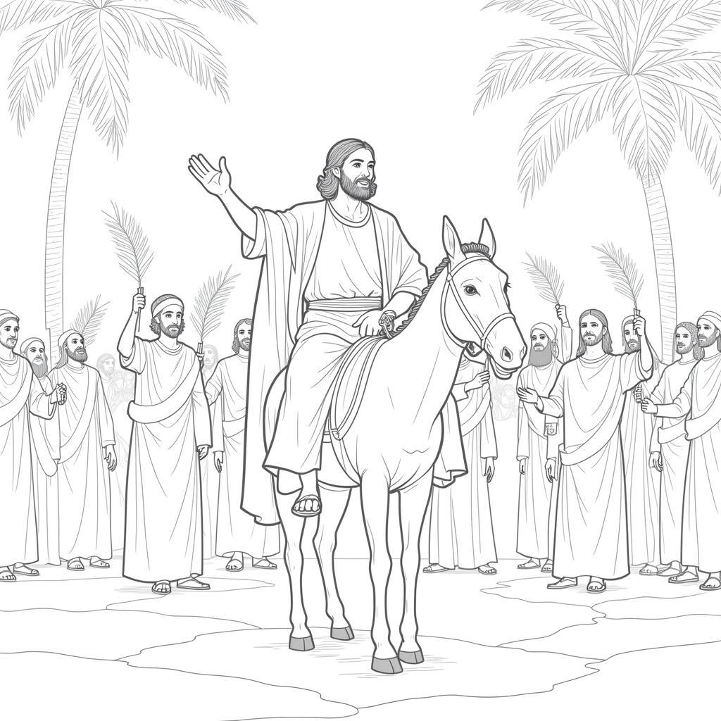 Palm Sunday Coloring Page Depicting Jesus' Triumphant Entry into Jerusalem