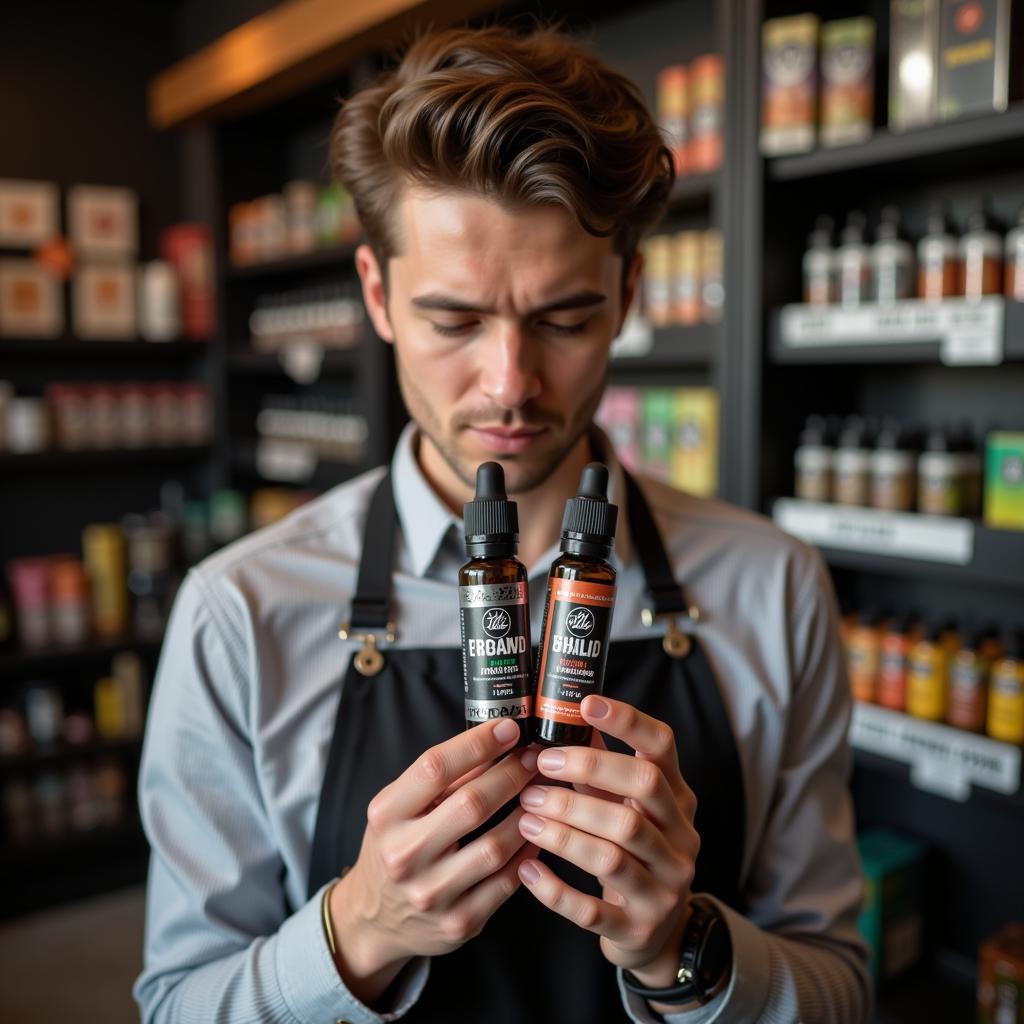 A person carefully examining different nicotine-free vape juice flavors in a vape shop.