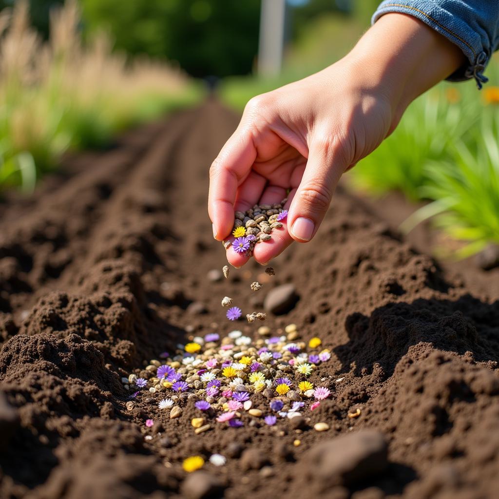 Planting free wildflower seeds in a prepared garden bed