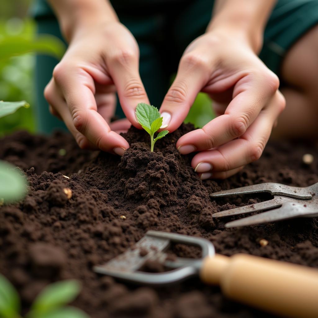 Planting pollinator seeds in a prepared garden bed.