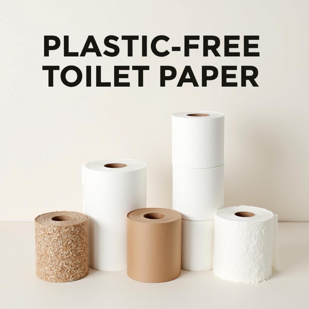 Rolls of plastic-free toilet paper made from bamboo and recycled materials.