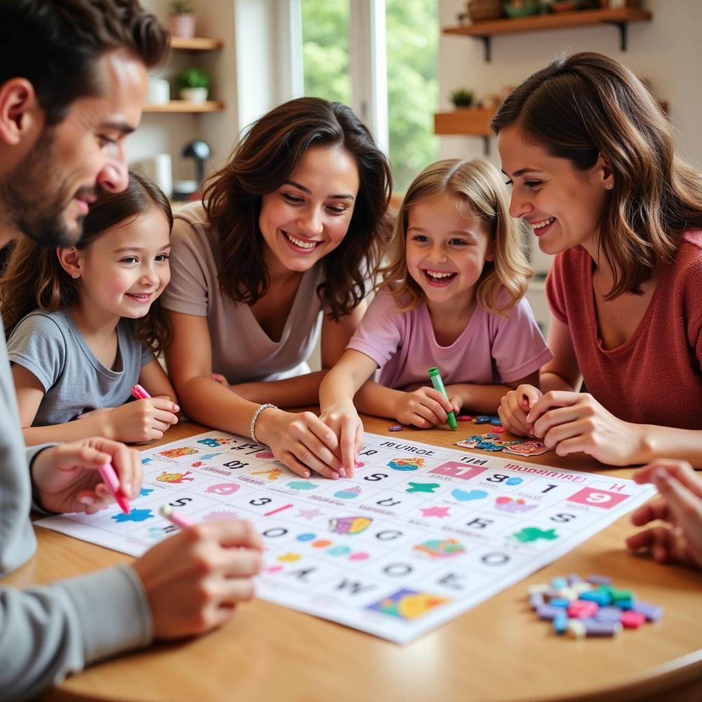 A family gathered around a table playing Disney princess bingo, with children excitedly marking their cards