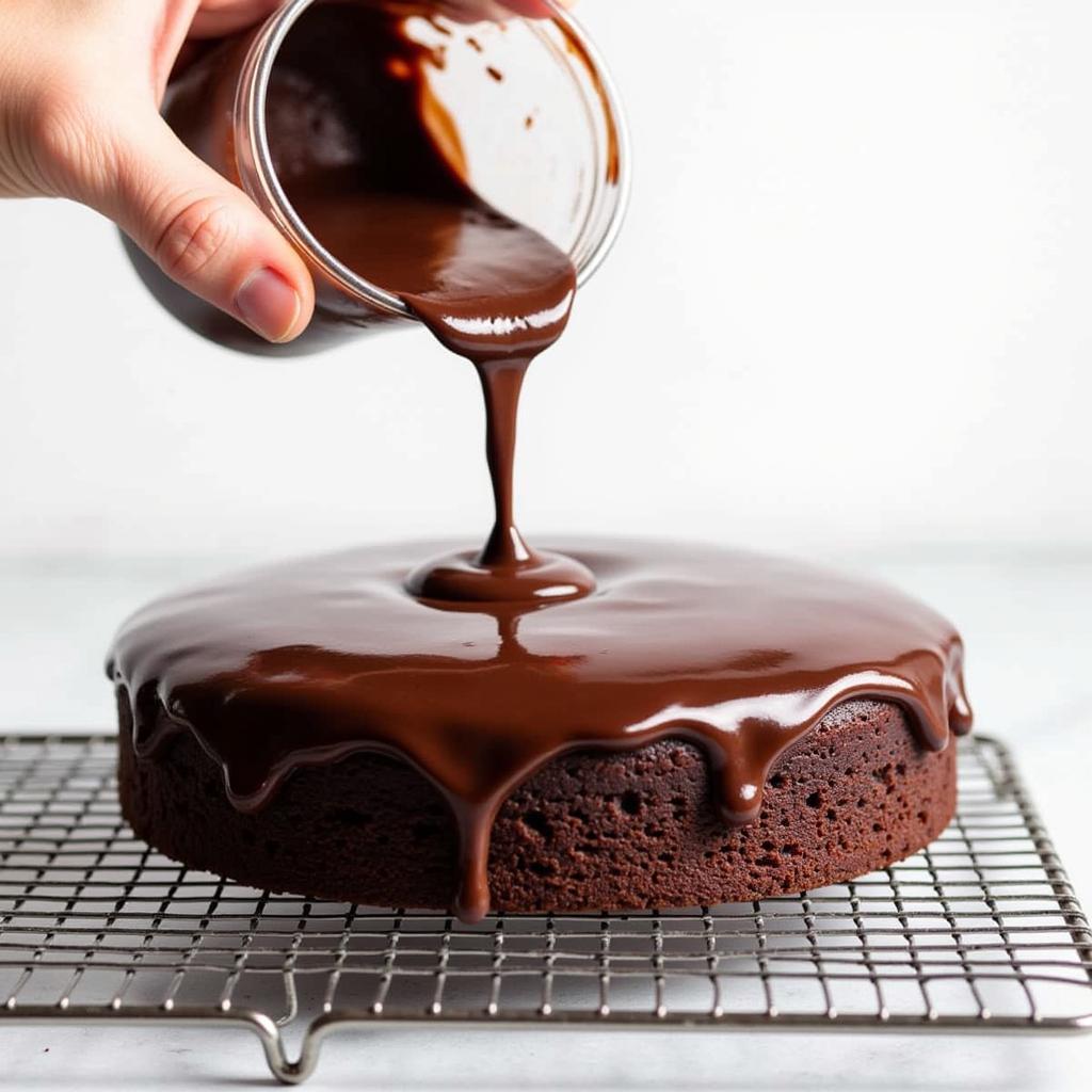 Pouring the dairy-free chocolate glaze over a cake.