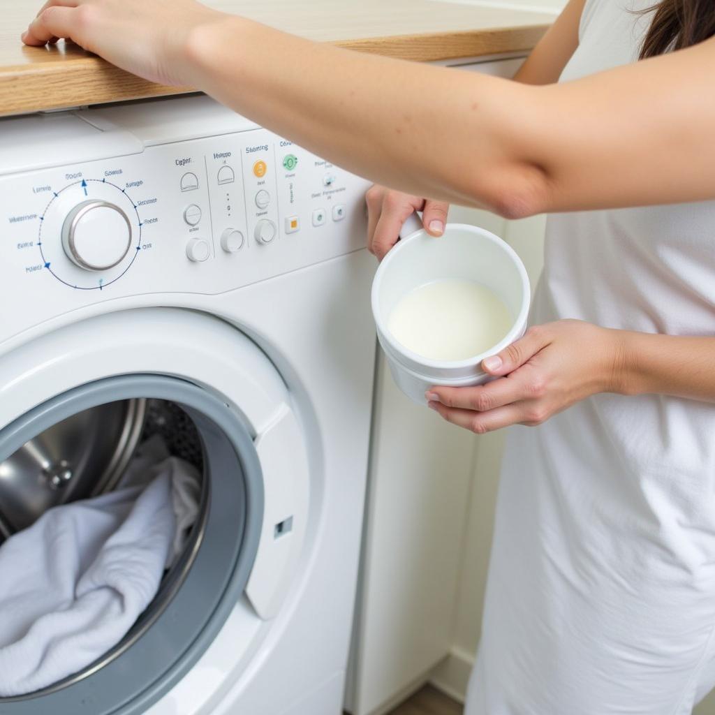 Pouring Enzyme-Free Laundry Detergent into Washing Machine