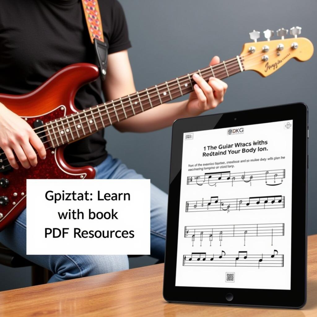 Practicing Bass Guitar with PDF Books: A person practicing bass guitar with a PDF book open on a tablet next to them.