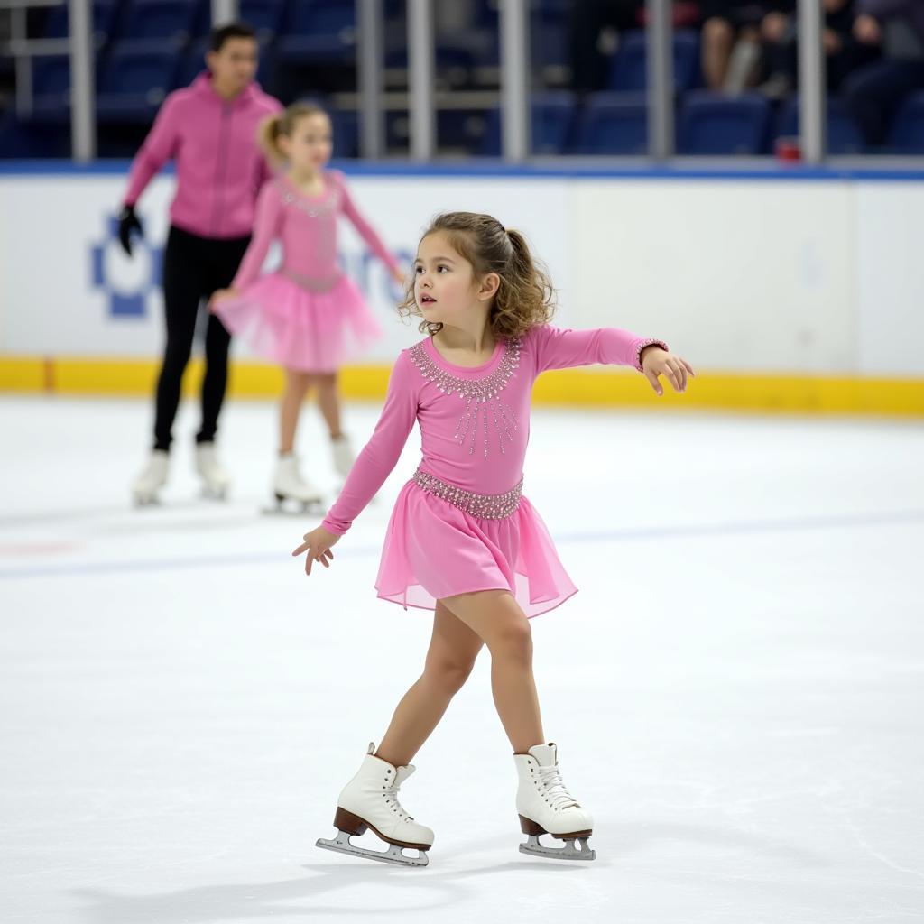 Skaters practicing pre-free skate skills on the ice, focusing on balance and control.