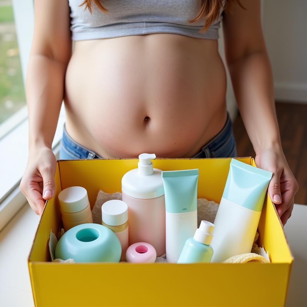 A pregnant woman excitedly opening a free baby box.