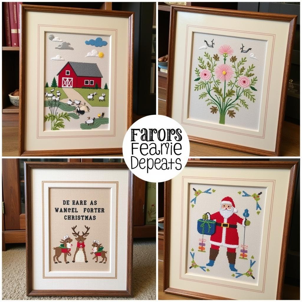 Framed finished primitive cross stitch projects displaying various themes like farm animals, floral motifs, and seasonal designs.