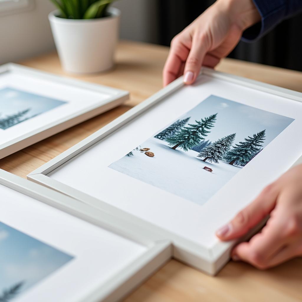 Printing winter printables and placing them in frames.