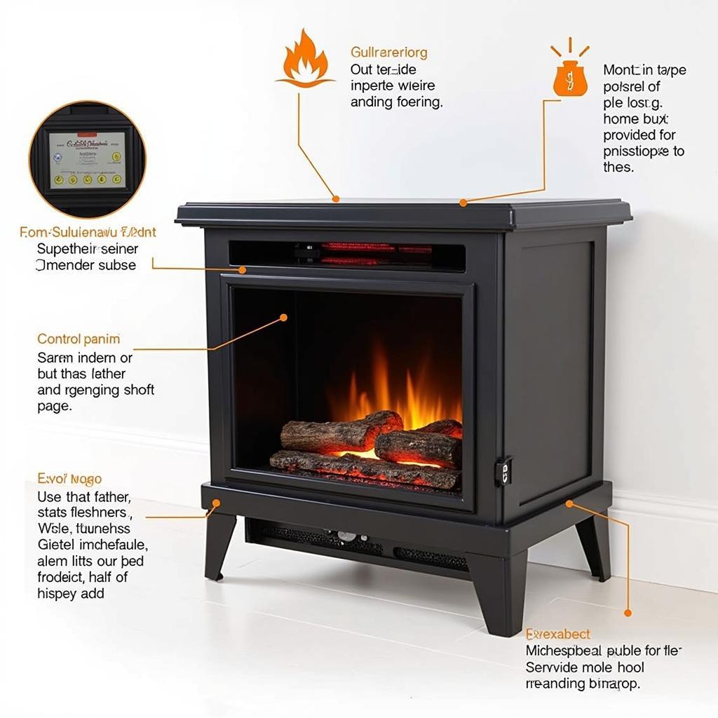 Various features of a propane free standing fireplace.