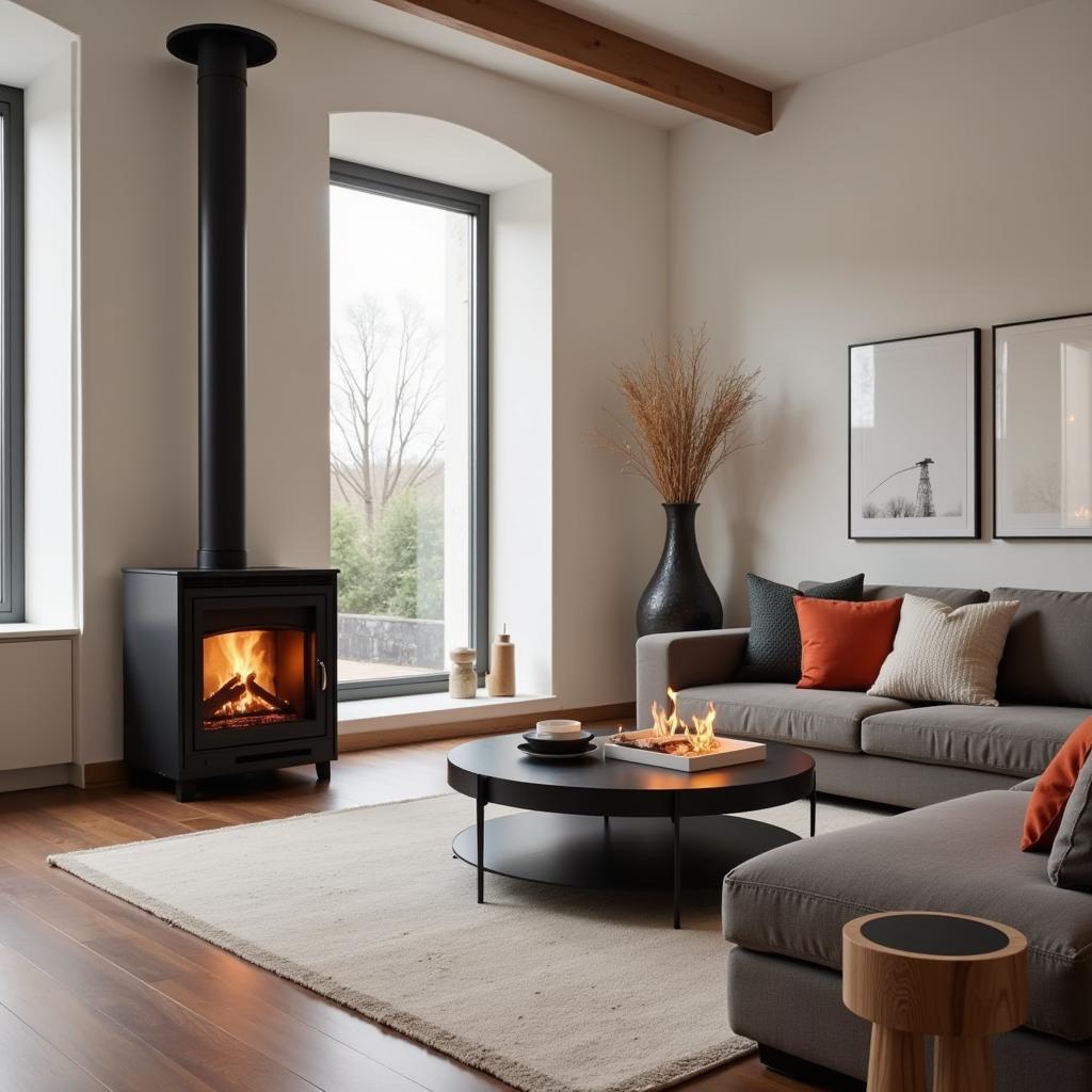 Propane free standing fireplace in a modern living room setting