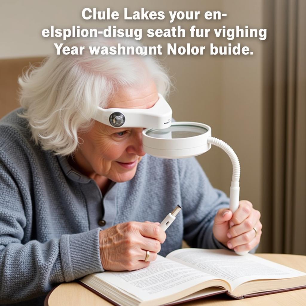 A senior citizen using a hands-free magnifier with light to read a book comfortably.