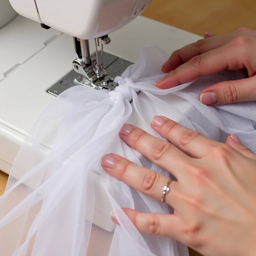 A sewer working on a tulle petticoat, focusing on the gathering technique