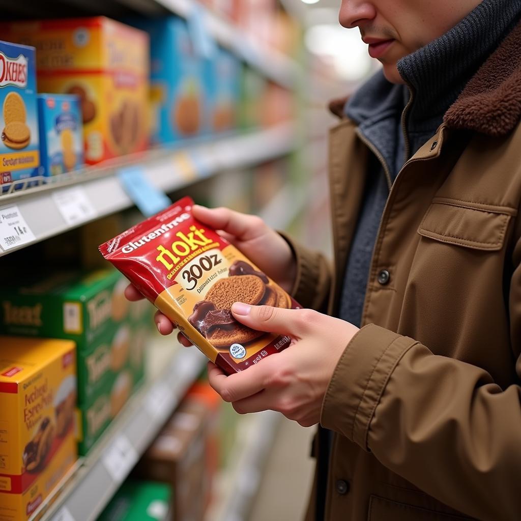 A person shopping for gluten-free chocolate wafers in a supermarket