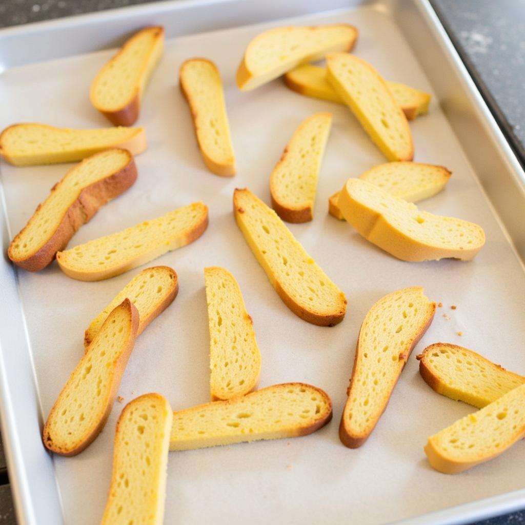 Sliced biscotti baking on a parchment-lined baking sheet.