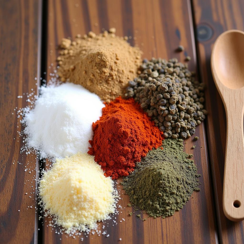 Sodium-free chicken seasoning ingredients displayed on a wooden table.