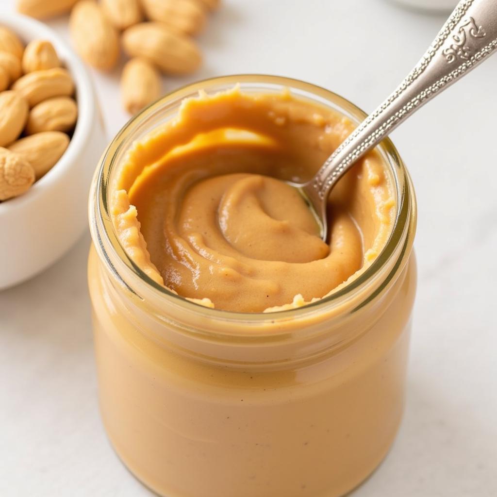 A jar of creamy soy free peanut butter with a spoon.