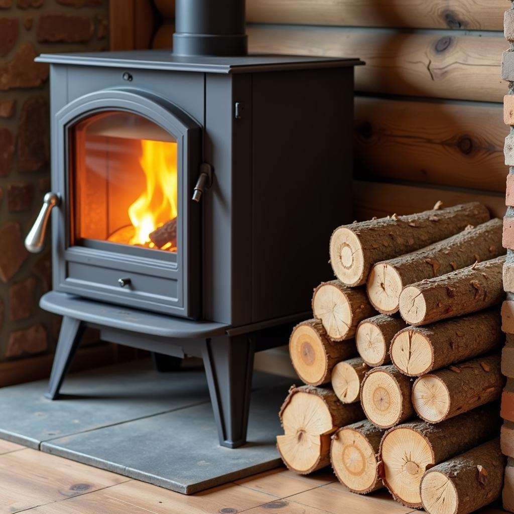 A stack of seasoned firewood next to a log burning stove