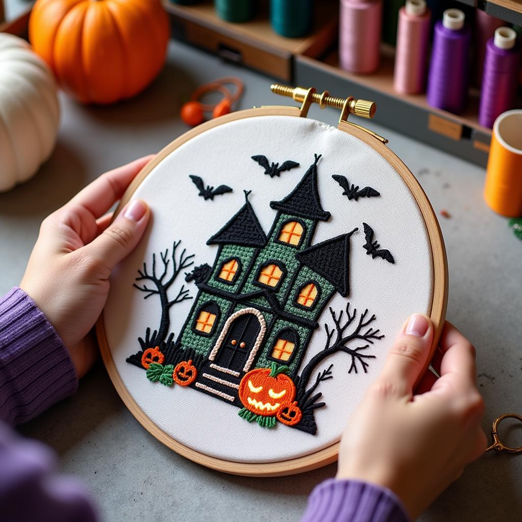 Stitching a Halloween Haunted House Cross Stitch Design