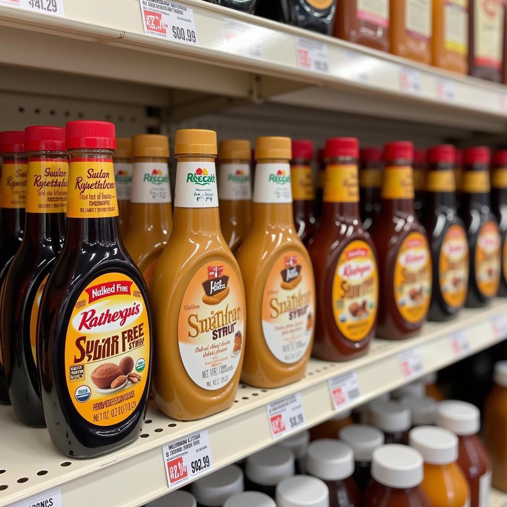 Various brands of store-bought sugar-free syrups displayed on a supermarket shelf.