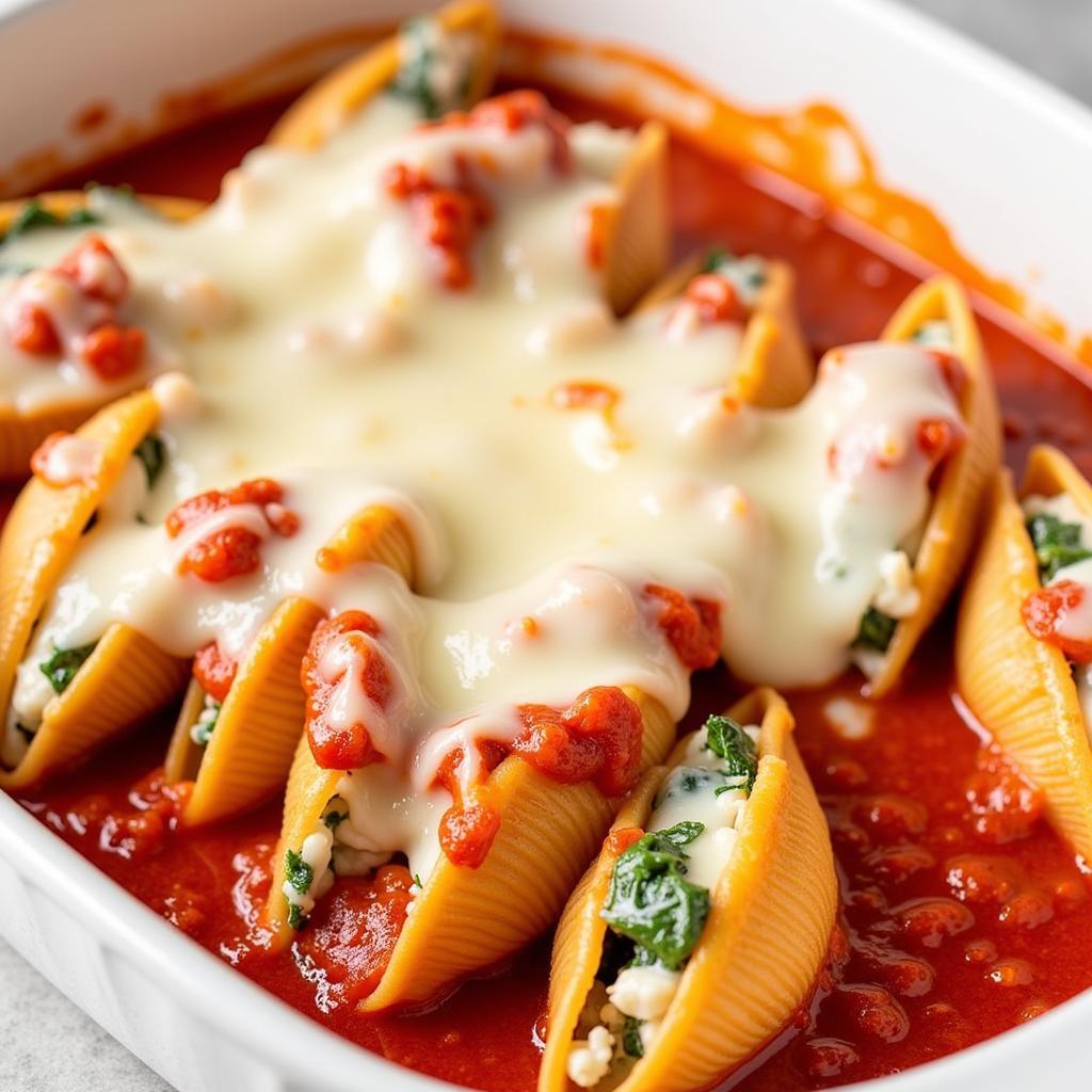 Baked gluten-free jumbo shells stuffed with a ricotta and spinach mixture, topped with tomato sauce and mozzarella cheese.